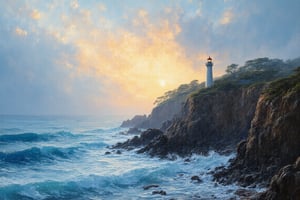 OIL PAINTING, on canvas using impasto and scumbling techniques of a coastal landscape with a lighthouse on a cliff at dawn, waves breaking against the rocks, rays of light passing between the clouds, very marked and voluminous impasto strokes, very fine and detailed strokes