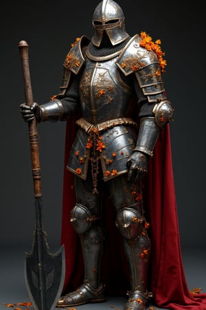  Full body shot of a medieval knight wearing steel armor with autumn flower decoration and detailing, carrying a large battle axe, very elaborate and detailed, very fine details, very contrasting shadows, strong side lighting, MEDIEVAL ARMOR