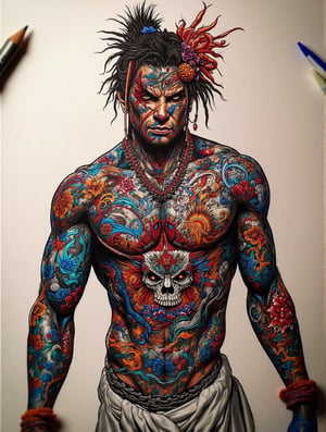 full color drawing, color gradients, yakuza looking at the camera, with tattoos all over his body, Yakuza tattoo, Japanese folklore, 2k resolution, ultra detailed, best quality, superfine, detailed lighting, realistic lighting
Negative rating, very elaborate and detailed, very fine and intricate details, very contrasting shadows, no noise, very focused, only very strong side lighting source that focuses on his face