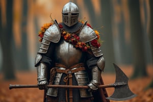   Wide open full body shot of a medieval knight wearing steel armor with autumn flower decoration and detailing, carrying a large battle axe, stands in a forest in autumn with dead trees, very elaborate and detailed, very fine details, very contrasting shadows, strong side lighting, MEDIEVAL ARMOR