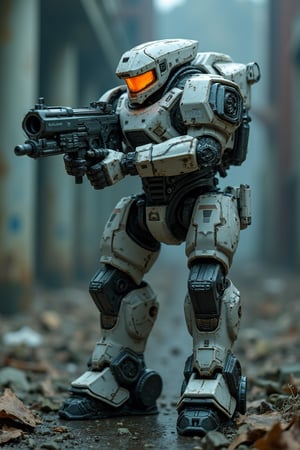 ULTRA REALISTIC RESIN FIGURE, combat MECH with neon lighting details in attack position with a futuristic combat rifle, without base, among the ruins of an abandoned factory, highly detailed and elaborate, fine details, soft central overhead lighting,MECH,COMBAT ARMOR