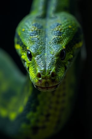 Close-up of a snake with scales of various shades of green, elongated body without a stem, its tongue does not come out of its mouth, very elaborate and detailed, very fine details, very contrasting shadows, strong frontal overhead lighting