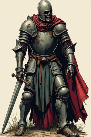 Comic style illustration of a zombie knight without a helmet, his iron armor is dirty, rusty, dented and most of its parts are missing, the zombie knight is dragging a heavy sword with his bony right hand, his skin is stuck to his bones, very elaborate and detailed, very fine details, very contrasting shadows, strong side lighting,MEDIEVAL ARMOR