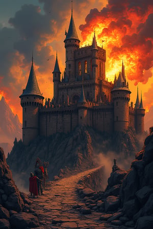   Comic style illustration of a medieval castle besieged and attacked with catapults that throw rocks into flames, the castle has some of its towers ruined and has damage to its walls, very elaborate and detailed, fine details, very contrasted shadows, 8k resolution, CASTLE