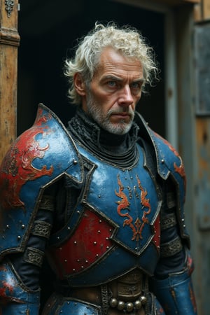  Full body image of a humanoid combat android with blue, red and white colors, its head is that of a 45 year old man with very detailed skin with pores and wrinkles due to age, blond hair with gray somewhat curly and tangled, at the door of a laboratory dragon-type armor, very elaborate and detailed, very fine details, very contrasting shadows, overhead lighting, MECH,COMBAT ARMOR,MEDIEVAL ARMOR