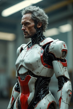 Full body image of a humanoid combat android with white, red and white colors, its head is that of a 45-year-old man with very detailed skin with pores and wrinkles due to age, black hair with gray hair somewhat curly and tangled, in a robot factory looking for parts to repair itself, very elaborate and detailed, very fine details, very contrasting shadows, overhead lighting,MECH,COMBAT ARMOR