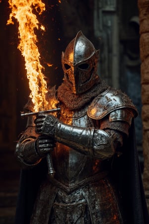 Medieval knight in very elaborate and detailed silver armor carrying a large magic sword burning in flames, very elaborate and detailed, very fine details, very contrasting shadows, strong frontal overhead lighting, only the magic sword is burning