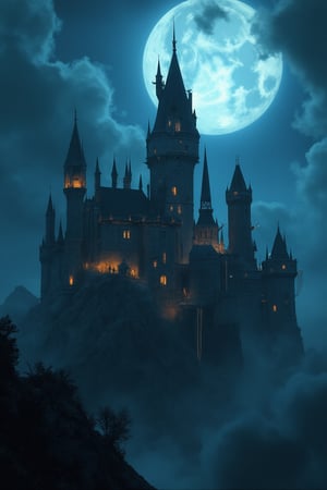   Castlevania castle illuminated by the moonlight passing through the clouds, has large towers connected by giant chains, very elaborate and detailed, fine details, very contrasting shadows, 8k resolution,CASTLE