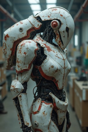 Humanoid combat android with white, red and white colors, in a robot factory looking for parts to repair itself, very elaborate and detailed, very fine details, very contrasting shadows, overhead lighting, MECH,COMBAT ARMOR,MEDIEVAL ARMOR