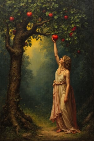 OIL PAINTING on canvas of the Garden of Eden with Eve picking an apple from the forbidden tree. The scene is illuminated with highly contrasted shadows, depicted with visible brushstrokes and detailed application of oil, realistic texture of the canvas, brush marks with a lot of volume and marked relief.