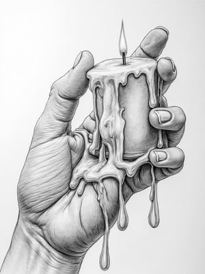 Realistic style pencil illustration, close-up of a hand holding a wax candle, the melted wax drips down the candle and the hand, very elaborate and detailed, very fine and intricate details, very contrasted shadows, no noise, 2k resolution, very focused, single source of very strong overhead lighting that highlights its figure "bodies not glued together" "without deformations"