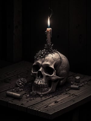 Dark art style illustration of a very consumed wax candle on the human skull on an old oak wood table, very elaborate and detailed, very fine and intricate details, very contrasted shadows, no noise, 2k resolution, very focused, single source of very strong overhead lighting that highlights its figure "bodies not glued" "no deformations"