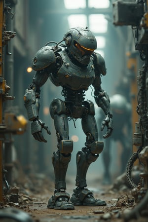 A humanoid combat android, intricately detailed with fine textures and mechanical components, navigates through a robot factory in search of parts to repair itself. The scene is elaborately detailed, with very contrasting shadows cast by overhead lighting, enhancing the depth and complexity of the environment.,MECH