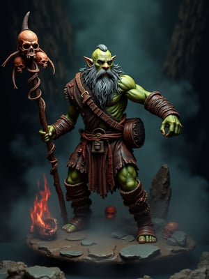 Diorama Ultra-realistic resin figure of an orc shaman with brown leather clothing and colorful beads, dynamic pose, green skin of various shades, carries a twisted wooden staff with human skulls at its highest end, long grayish beard, "without a base", a red aura of power runs through his body, a dense fog descends at his feet, terrifying decoration around him creating a three-dimensional environment, he is in a gloomy cavern, very elaborate and detailed, very fine and intricate details, very contrasting shadows, very strong upper lighting, hands with five fingers of normal proportions 2k resolution, ultra detailed, best quality, superfine, detailed lighting, realistic lighting
Negative indication, very elaborate and detailed, very fine and intricate details, very contrasting shadows, no noise, very focused, very strong single side lighting source that focuses on his face, ULTRA REALISTIC RESIN FIGURE