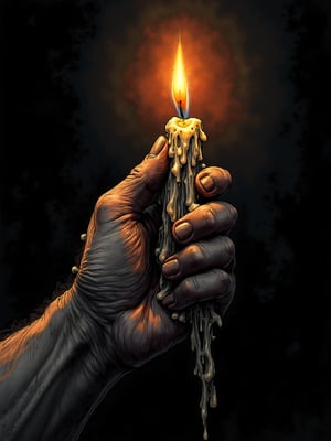 Dark art style illustration, close-up of a hand holding a wax candle, melted wax dripping down the candle and hand, very elaborate and detailed, very fine and intricate details, very contrasted shadows, no noise, 2k resolution, very focused, single source of very strong overhead lighting that highlights its figure "bodies not glued together" "no deformations"