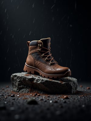 Artistic composition for product photography of a mountain boot with mud and water drops, resting on a granite stone, soft rain creating a three-dimensional effect, very elaborate and detailed, very fine and intricate details, very contrasting shadows, studio lighting with two light sources, a strong 45 degree front light and another soft overhead light, noise-free, 2k resolution, very focused