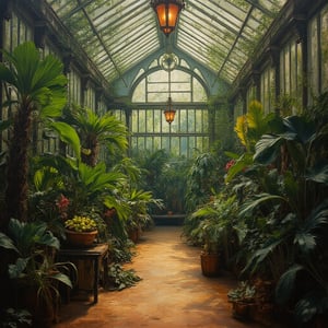 Oil painting of the interior of a Victorian-era English greenhouse filled with treoadora plants, very elaborate and detailed, very fine and intricate details, very contrasting shadows, very strong overhead lighting, no noise, 2k resolution, very focused, single source of dim side lighting "no artificial glare",OIL PAINTING