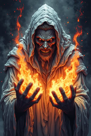 Comic style illustration of an ice elemental performing a powerful fire spell between its hands, very elaborate and detailed, very fine details, very contrasting shadows, strong frontal overhead lighting, nothing else burns in the scene, perfect hands with five fingers