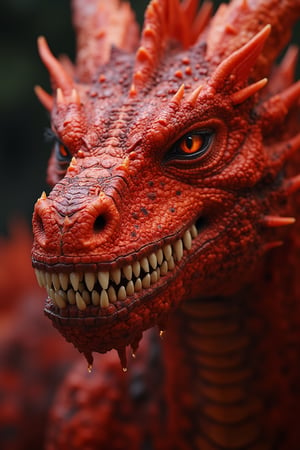 A close-up of a red fire dragon with an elongated jaw and mouth, showcasing perfect and detailed eyes that are very focused. The dragon's fine and pointed teeth are meticulously rendered, capturing every nuance. The lighting is dramatic, highlighting the fiery essence of the creature. The composition is tight, emphasizing the intense gaze and menacing presence. High detail, 8k resolution, with sharp focus on the dragon's eyes, elongated jaw, and teeth.