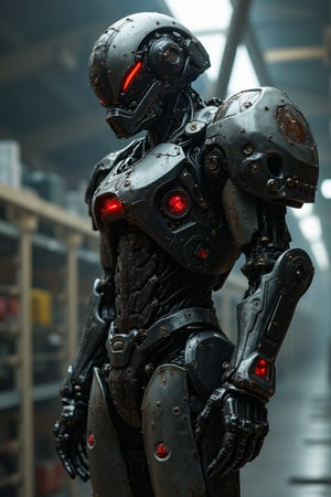    Humanoid combat android with black, red and white colors, in a robot factory looking for parts to repair itself, very elaborate and detailed, very fine details, very contrasting shadows, overhead lighting, MECH,COMBAT ARMOR,MEDIEVAL ARMOR