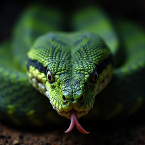 Close-up of snake with scales of various shades of green, viped tongue sticking out of its mouth, very elaborate and detailed, very fine details, very contrasting shadows, strong frontal overhead lighting