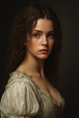 OIL PAINTING, Oil on canvas portrait in the style of Goya of a 30-year-old woman with long, somewhat curly, darkly highlighted hair, wearing elaborate period clothing and looking directly into the camera. The scene is lit with highly contrasting shadows, which emphasize her striking features. She wears loose clothing with intricate, detailed folds, capturing the texture and movement of the fabric. The composition is centered, focusing on her serene yet captivating expression, depicted with visible brush strokes and detailed application of oil, reminiscent of Goya's work, realistic canvas texture, brush stroke marks with volume.