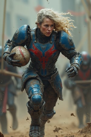 Full body image of a humanoid combat android with blue, red and white colors, it is running with a spiked rugby ball between a melee of orcs, its head is that of a 45 year old woman with very detailed skin with pores and wrinkles due to age, blonde hair with gray somewhat curly and tangled, dragon-type armor, very elaborate and detailed, very fine details, very contrasting shadows, overhead lighting, MECH,COMBAT ARMOR,MEDIEVAL ARMOR