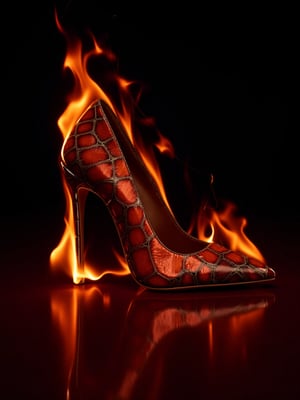 Artistic composition for product photography of a crocodile skin stiletto shoe, titanium-colored metallic heel, flames around it creating a three-dimensional effect, very elaborate and detailed, very fine and intricate details, very contrasting shadows, studio lighting with two light sources, a strong 45-degree front light and another soft overhead light, noise-free, 2k resolution, very focused