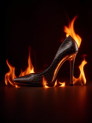 Artistic composition for product photography of a crocodile skin stiletto shoe, titanium-colored metallic heel, flames around it creating a three-dimensional effect, very elaborate and detailed, very fine and intricate details, very contrasting shadows, studio lighting with two light sources, a strong 45-degree front light and another soft overhead light, noise-free, 2k resolution, very focused