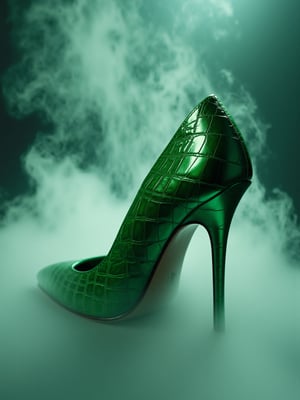 Artistic composition for product photography of a crocodile skin stiletto shoe in various shades of green, titanium-colored metal heel, soft fog around it creating a three-dimensional effect, very elaborate and detailed, very fine and intricate details, very contrasting shadows, studio lighting with two light sources, a strong 45-degree front light and another soft overhead light, noise-free, 2k resolution, very focused