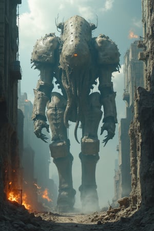   80 meter tall Cthulhu-shaped Mech walking between the skyscrapers of a destroyed futuristic city, some of the skyscrapers emit flames and smoke, very elaborate and detailed, very contrasted and detailed shadows, 32k resolution ,MECH,COMBAT ARMOR, MECHA,MEDIEVAL ARMOR