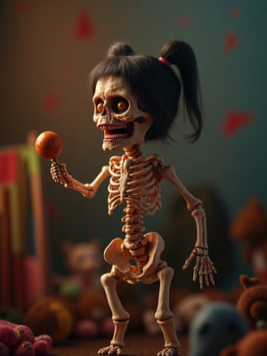 Full body image of a skeleton of a little girl with hair and two pigtails on her head, screaming angrily while holding a rattle in her right hand, in a very colorful nursery room and surrounded by stuffed animals, "bones with pores", dark style, 8K, ultra detailed, best quality, superfine, detailed light, realistic lighting
Negative rating, very elaborate and detailed, very fine and intricate details, very contrasting shadows, no noise, very focused, only very strong side lighting source that focuses on her face