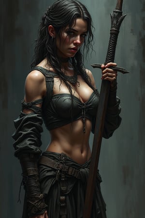 Dark art style illustration of a scantily clad female warrior wearing a claymore, very elaborate and detailed, very fine and intricate details, very contrasted shadows, very strong side lighting, no noise, 2k resolution, very focused