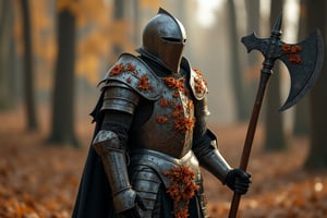   Wide open full body shot of a medieval knight wearing steel armor with autumn flower decoration and detailing, carrying a large battle axe, stands in a forest in autumn with dead trees, very elaborate and detailed, very fine details, very contrasting shadows, strong side lighting, MEDIEVAL ARMOR