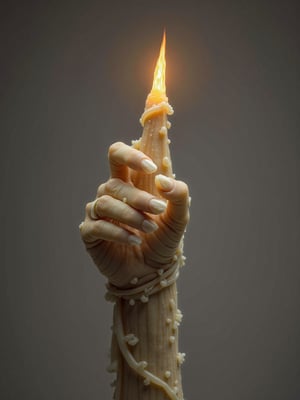 Wax candle shaped like a candle resting on her wrist, each finger points upwards and on the highest outer finger there is a flame that consumes them, very elaborate and detailed, very fine and intricate details, very contrasted shadows, no noise, 2k resolution, very focused, single source of very strong overhead lighting that highlights her figure "bodies not glued together" "without deformations"