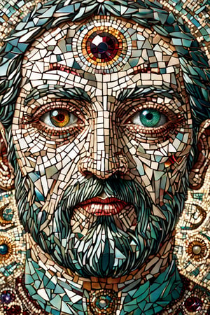 two-dimension, two dimensional, 2D, headshot of Byzantine Mosaic of a priest. (((mosaic))), broken eye, broken eyeball, facture/(eye/), (((alchemy))), sun, moon, diametrically opposed, left right, up down, split, (((holy geometry eye))), vibrant, (((saturation))), differential, colors, mouth mosaic, nose mosaic, eyebrow mosaic, (((simple))), eyes mosaic, lips mosaic, (masterpiece, top quality, best quality, official art, beautiful and aesthetic:1.2),16k, high resolution, perfect dynamic composition, bokeh, (sharp focus:1.2), super wide angle, high angle, high color contrast, medium shot, depth of field, blurry background,,itacstl,DonMBr0ck3nM1rr0rXL, emerald, ruby, diamond, lapiz,