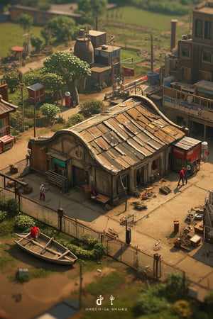 Rural landscape: A dilapidated one-story shack with corrugated sheet roof and clay walls stands amidst a muddy and grimy setting. Mesh fencing surrounds the property, while cardboard debris litters the ground. In the distance, a factory's smoke stack rises from behind gas station pumps and an oiltank. Nearby, a silo and shop/store stand alongside rice fields where workers tend to vegetables. Black and yellow kerb. A narrow and shallow bow boat with gondola-style design and outboard motor lies in the foreground, framed by the shack and machinery. Isometric top view of 3D model.