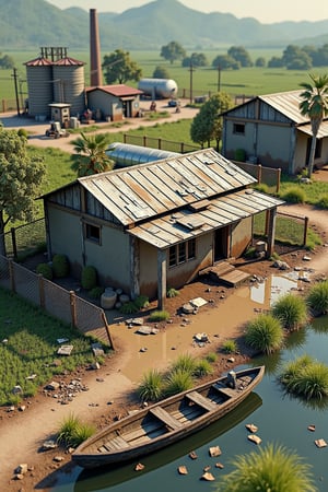 Rural landscape: A dilapidated one-story shack with corrugated sheet roof and clay walls stands amidst a muddy and grimy setting. Mesh fencing surrounds the property, while cardboard debris litters the ground. In the distance, a factory's smoke stack rises from behind gas station pumps and an oiltank. Nearby, a silo and shop/store stand alongside rice fields where workers tend to vegetables. Black and yellow kerb. A narrow and shallow bow boat with gondola-style design and outboard motor lies in the foreground, framed by the shack and machinery. Isometric top view of 3D model.