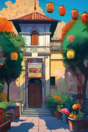 Sunlit Italian-inspired belltower, adorned with vibrant roses and other flowers, intricately decorated with lanterns and ornate balconies. Cheerful crowds wave and rejoice, surrounded by the soft glow of setting sun. Retro anime style: think Comix-style colors, high-contrast shading, and textures reminiscent of 8-bit video games. Score 9-up for attention to detail, bold lines, and atmospheric lighting.

detailed retro anime,retro anime style, best quality, high quality, score_7_up, score_8_up,score_9_up,Comix_style