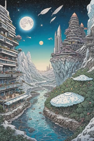 (city scape), woodland, cliffs, beach, bracing towering buildings, chrome surface towers, brass roofs, wide canal, bulbous vegetation, feathers, flower, bloom, lotus, 4k, highest quality, hyper reality, clear sky, starry day, moon, sun, plants, galaxy, Ukiyo-e,ink,colorful,samurai,shogu,amaterasu,scene,B&W,anime,cyberpunk,detailed ice,snow,science fiction