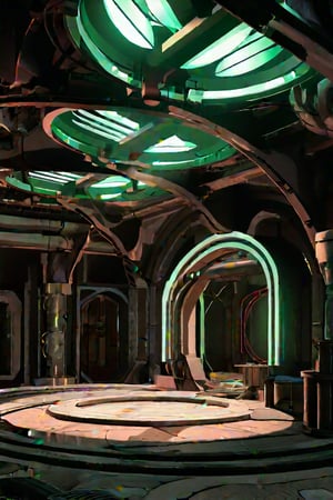  8 k, cinematic, subsurface scattering, chromatic aberration, depth of field, ultraHD, high definition, scenery, sh,retro artstyle, ((high ceiling)), (((round center atrium))), busy,clean floor, low light, dark, metal, matte, green, running lights, pipes, piping, rust, corrosion, energy pulse, fog, mist, round door, rounded doorway, round doorframe, arches, pillar, cables, (round), ((fan)), ((vent)), venting,noc-space,VNS_Fantasy Ruin, console, medieval interior, greek god/(athena/), oak, dodona