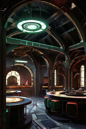 scenery, sh,retro artstyle, ((high ceiling)), (((round center atrium))), busy,clean floor, low light, dark, metal, matte, green, running lights, pipes, piping, rust, corrosion, energy pulse, fog, mist, round door, rounded doorway, round doorframe, fountain, table, food, drink, arches, pillar, cables, (round), ((fan)), ((vent)), venting,noc-space,VNS_Fantasy Ruin, console, medieval interior, (((metal floor)))