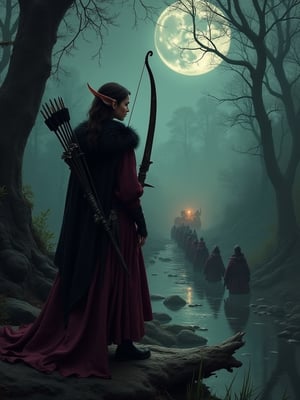 From a bird's-eye view, an alluring Elven Ranger's back is silhouetted against the misty swamp as she takes cover atop a gnarled tree branch. Her dark red-purple silks and black furred cape blend with the shadows as she readies her arrow to ambush the approaching convoy on the rocky path below. The group of figures, pack animals, and cargo, including goods, luggage, and coal, is made visible against the swamp's lush backdrop of frogs, fireflies, dragonflies, and ravens. Her extra-long metal quiver full of black arrows slings behind her back, while her elf ears twitch slightly as she intently listens to the scouts' whispers. The subtle earth tones on her face seem to shift in harmony with the moon's gentle glow.