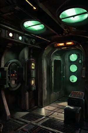 scenery, sh,retro artstyle, ((cramped)),  ((low ceiling)), black, shadow, clean floor, lift, cabin, elevator, low light, dark, metal, matte, green, running lights, pipes, piping, rust, corrosion, energy pulse, fog, mist, round door, rounded doorway, round doorframe, floor grates, arches, pillar, cables, (round), fan, vent, venting,noc-space,VNS_Fantasy Ruin, console, (((cockpit))), (((window))), medieval interior