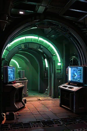 scenery, sh,retro artstyle, ((low ceiling)), ((arch)), (pillar), tunnel, under ground, computer, clutter on floor, debris on floor, low light, dark, metal, matte, green, running lights, rust, corrosion, energy pulse, fog, mist, round door, rounded doorway, round doorframe, (round), noc-space,VNS_Fantasy Ruin, console, medieval interior, (((metal floor))), (hatch), (ladder),