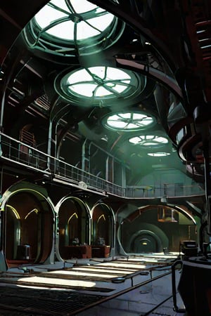 scenery, sh,retro artstyle, ((high ceiling)), (((round center atrium))), clean floor, low light, dark, metal, matte, green, running lights, pipes, piping, rust, corrosion, energy pulse, fog, mist, round door, rounded doorway, round doorframe, (round), ((fan)), ((vent)), venting,noc-space,VNS_Fantasy Ruin, console, medieval interior, (((metal floor))), cat walk, high beam, rafters, scaffolding, tarp, destroyed