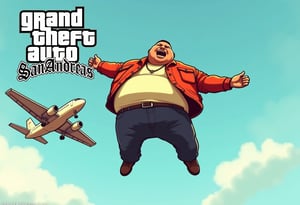 A fat Mexican car dealer in a vibrant, casual outfit, mid-air after jumping out of a plane. The scene is framed wide, capturing the vast sky and the car dealer's surprised expression. The lighting is bright, highlighting the open sky and the car dealer's chubby features. The composition is dynamic, emphasizing the action and the thrill of the jump.,gtastyle,A stylized illustration of a character from Grand Theft Auto,shadow,San Andreas,poster text "'GRAND THEFT AUTO''SAN ANDREAS'"