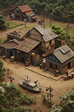 Rural landscape: A dilapidated one-story shack with corrugated sheet roof and clay walls stands amidst a muddy and grimy setting. Mesh fencing surrounds the property, while cardboard debris litters the ground. In the distance, a factory's smoke stack rises from behind gas station pumps and an oiltank. Nearby, a silo and shop/store stand alongside rice fields where workers tend to vegetables. A narrow and shallow bow boat with gondola-style design and outboard motor lies in the foreground, framed by the shack and machinery. Isometric top view of 3D model.