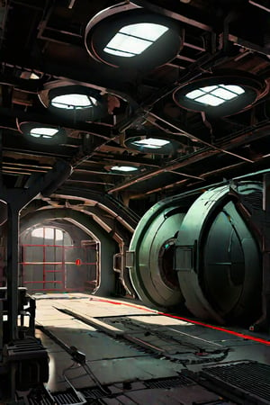 scenery, sh,retro artstyle, ((low ceiling)), clean floor, low light, dark, metal, matte, green, running lights, pipes, piping, rust, corrosion, energy pulse, fog, mist, round door, rounded doorway, round doorframe, (round), ((fan)), ((vent)), venting,noc-space,VNS_Fantasy Ruin, console, medieval interior, (((metal floor))), cat walk, high beam, rafters, scaffolding, tarp, destroyed, runway, garage, hangar