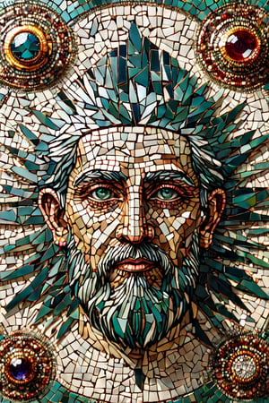 two-dimension, two dimensional, 2D, headshot of Byzantine Mosaic of a priest. (((mosaic))), broken eye, broken eyeball, facture/(eye/), (((alchemy))), sun, moon, diametrically opposed, left right, up down, split, holy geometry, vibrant, (((saturation))), differential, colors, mouth mosaic, nose mosaic, eyebrow mosaic, (((simple))), eyes mosaic, lips mosaic, (masterpiece, top quality, best quality, official art, beautiful and aesthetic:1.2),16k, high resolution, perfect dynamic composition, bokeh, (sharp focus:1.2), super wide angle, high angle, high color contrast, medium shot, depth of field, blurry background,,itacstl,DonMBr0ck3nM1rr0rXL, emerald, ruby, diamond, lapiz,